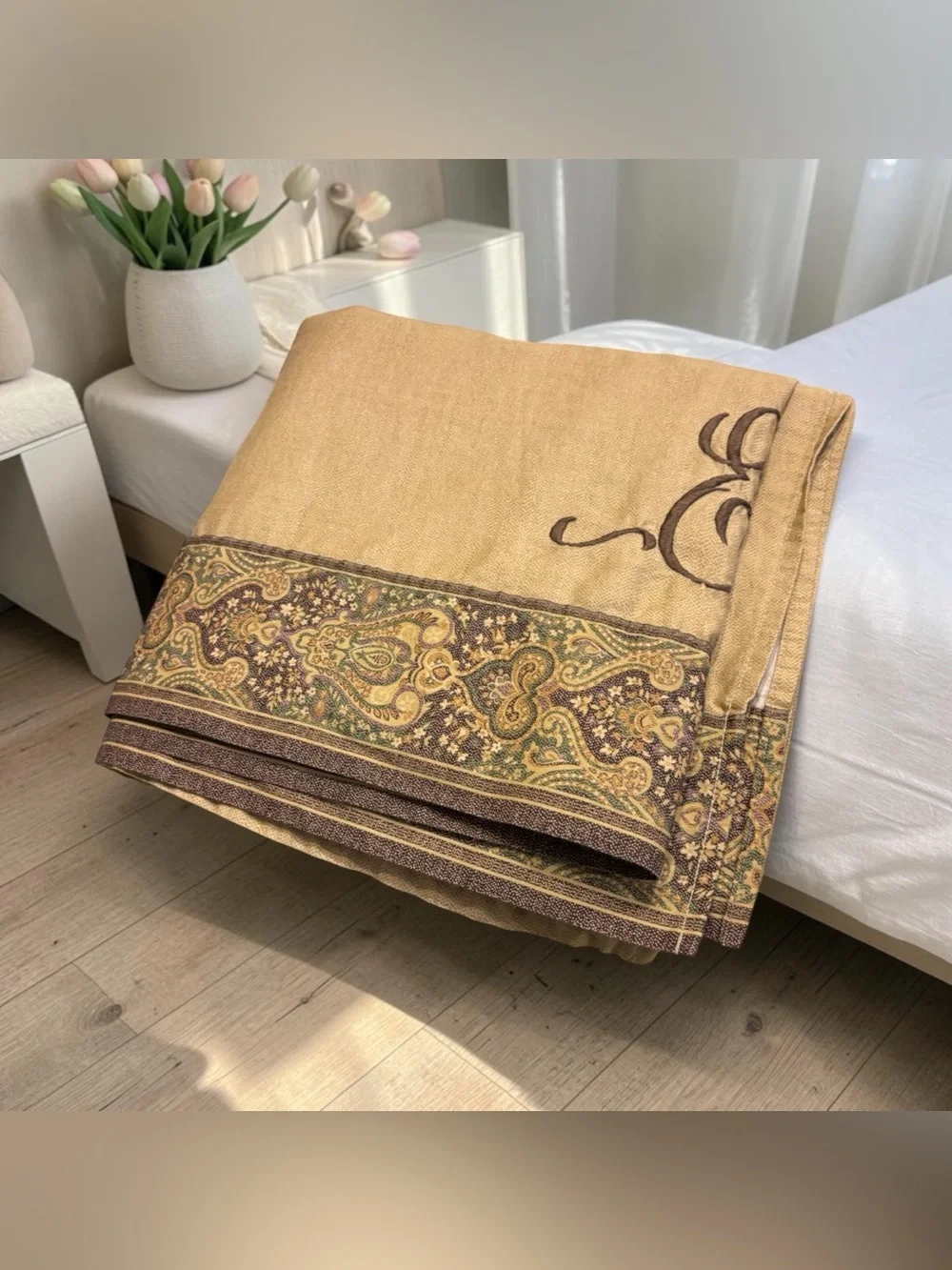 Croscill Home Cream Paisley Flat Sheet Oversized Queen King Monogram E Jacquard